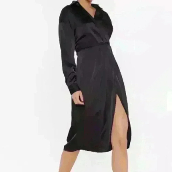Nasty Gal Black Long Sleeve V-Neck Side Slit Pleated Wrap Side Midi Dress Size 4 - Picture 1 of 9